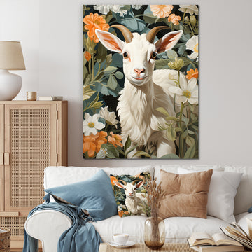 White goat portrait with summer flower - Goat Canvas Wall Art